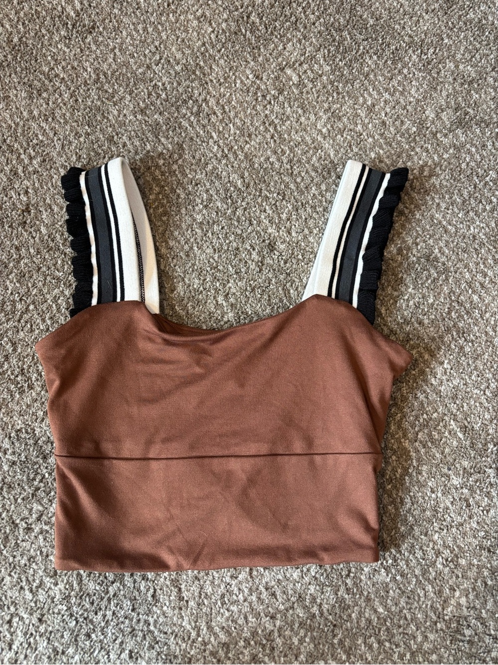 Free People Rust Brown Cropped Tank with Black and White Striped Ruffles